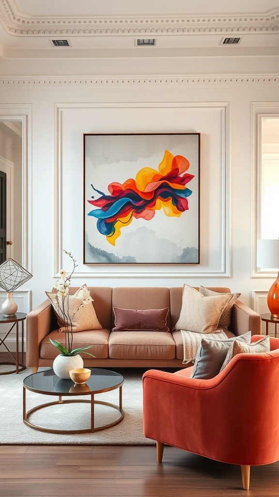 A living room featuring a colorful abstract wall art piece above a beige sofa with decorative pillows.