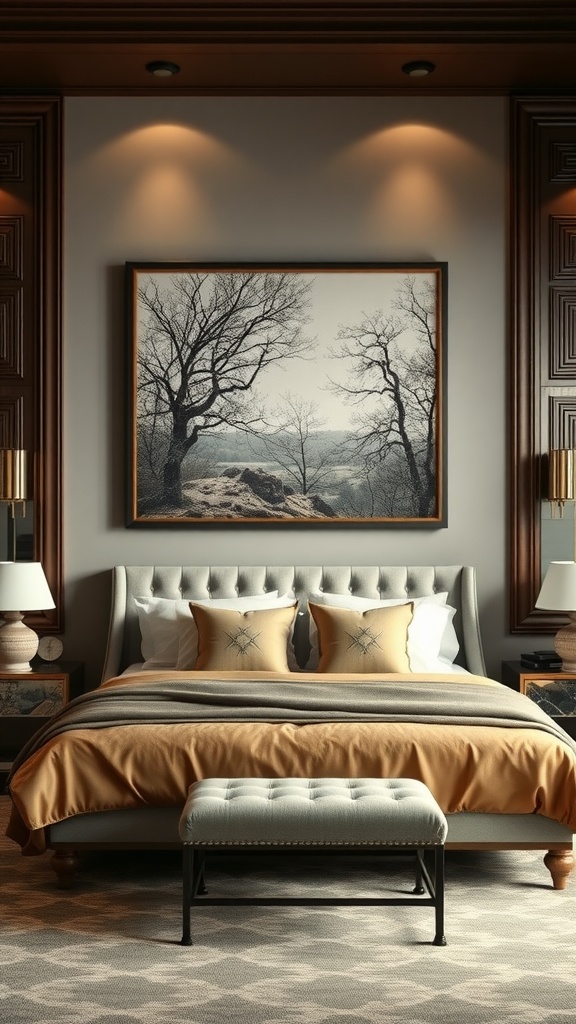 A stylish bedroom with a statement wall art piece featuring bare trees, warm bedding, and elegant lighting.