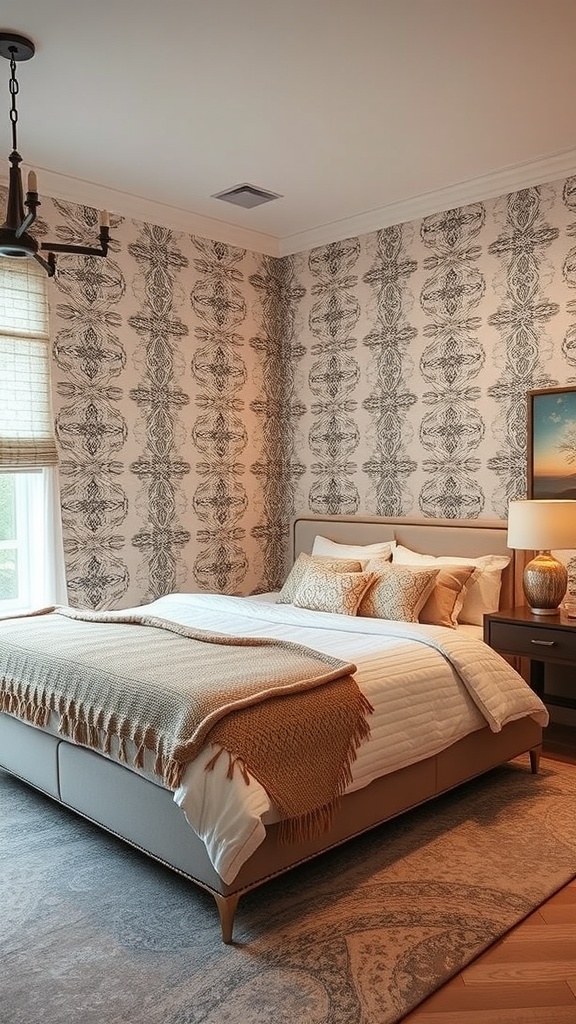 Cozy bedroom with a stenciled accent wall, featuring neutral tones and soft bedding.