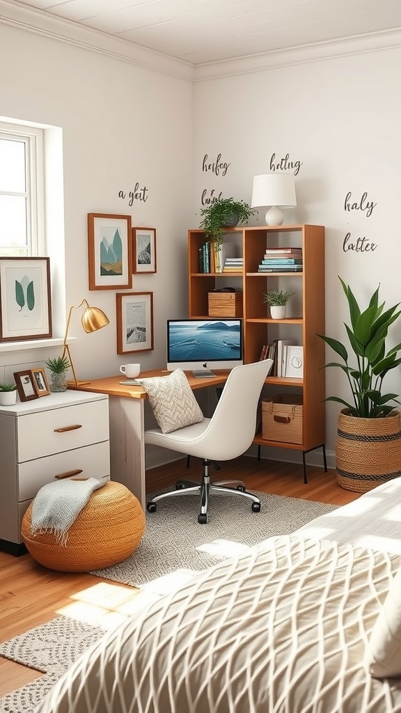 A cozy workspace with stenciled words on the wall, featuring a desk, computer, and decorative plants.