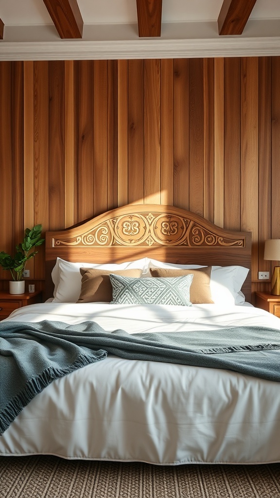 A beautifully crafted stenciled wood headboard in a cozy bedroom setting with warm wooden walls.