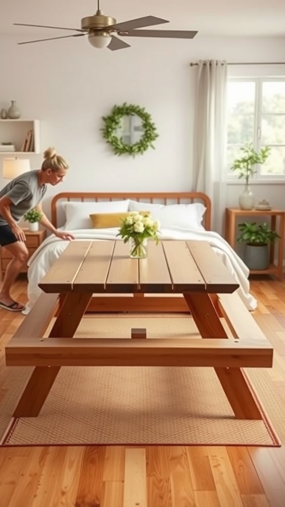 A woman assembling a low picnic table in a cozy indoor setting