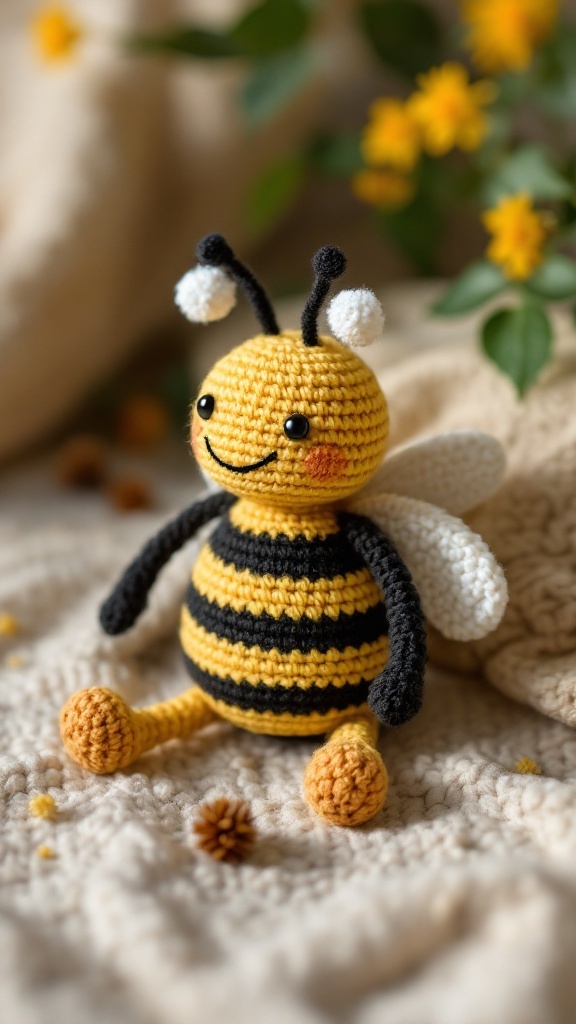A cute crocheted bee with yellow and black stripes, sitting on a cozy background with flowers.