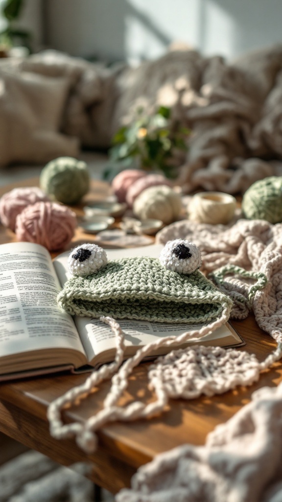 Crochet frog hat on a book with yarn and crafting materials