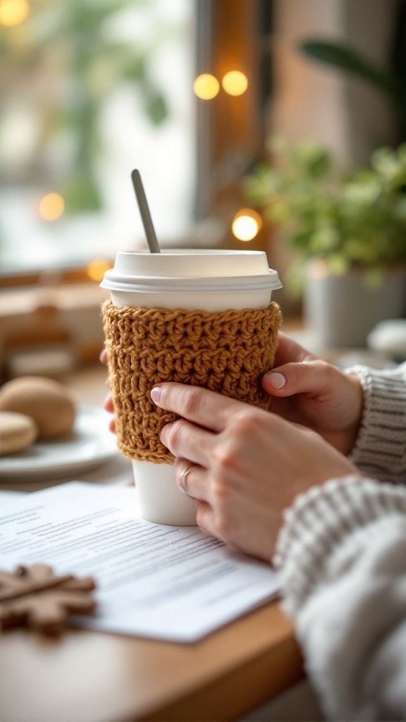 A crocheted coffee cup sleeve on a coffee cup held by hands, with blurred lights and plants in the background.