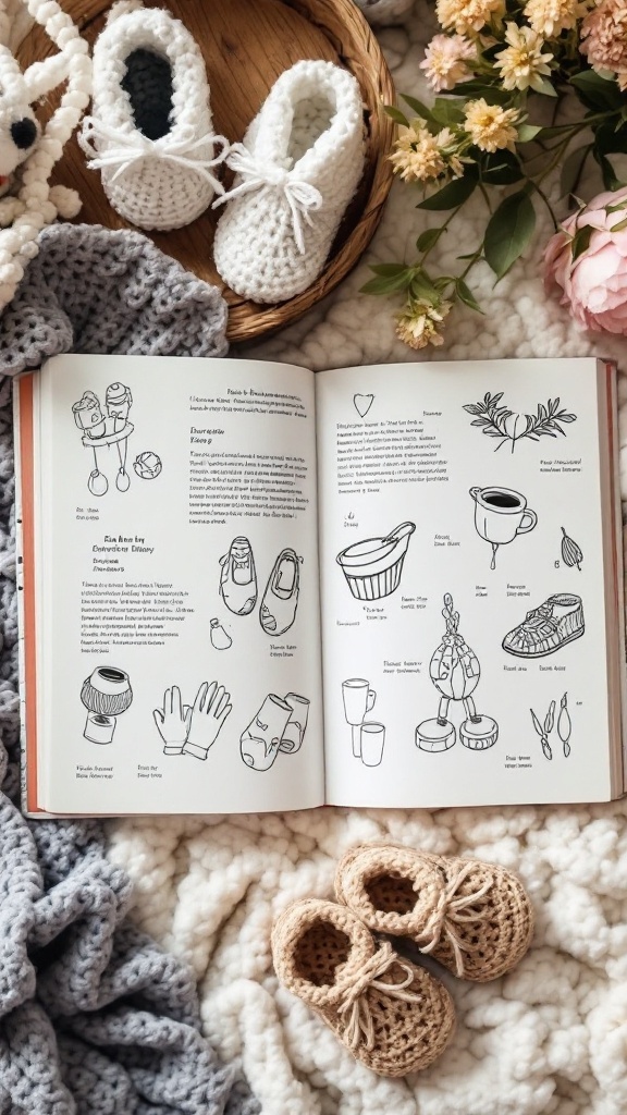 Crochet baby booties in a cozy setting with a crochet book