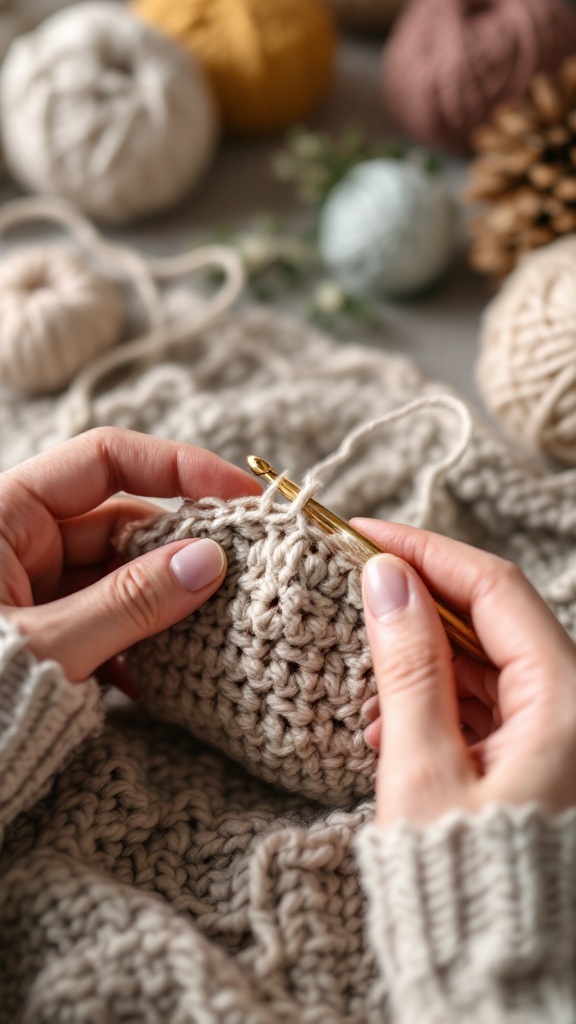 A close-up of hands crocheting a napkin ring with a crochet hook and beige yarn, surrounded by colorful yarn balls.