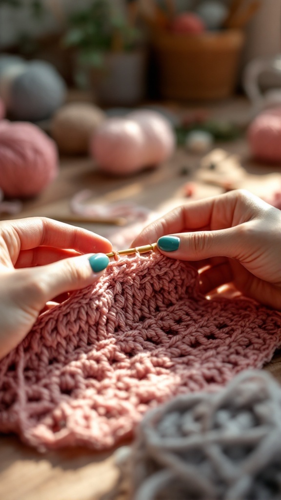 A close-up of hands crocheting a pink piece of yarn, showcasing the strawberry stitch in progress.