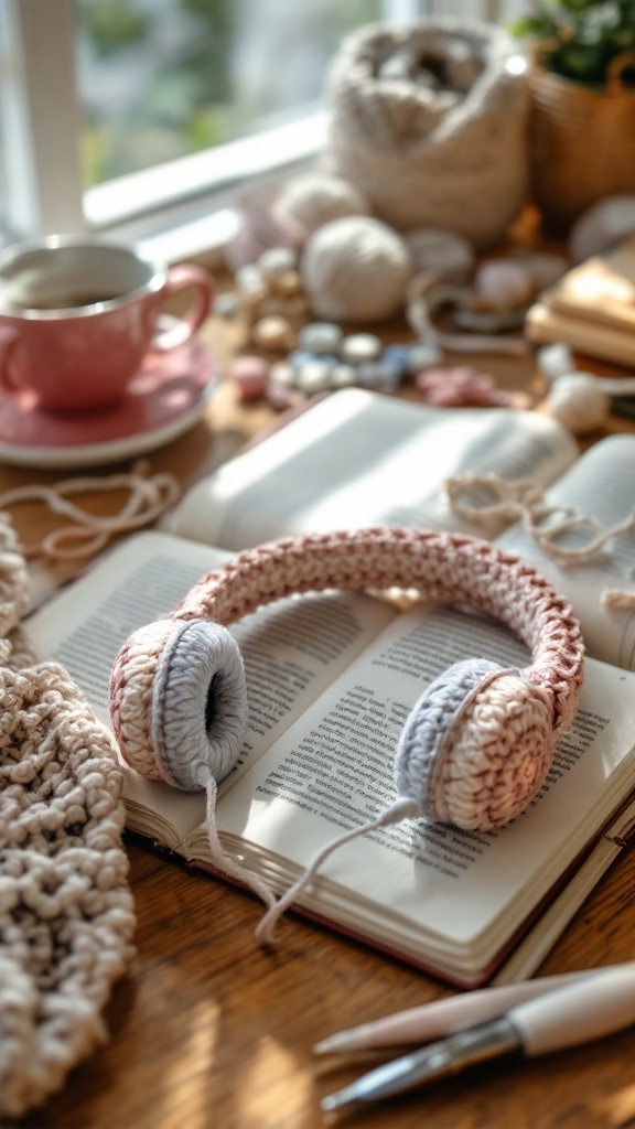 Crocheted headphone covers on an open book with crafting supplies and a cup of tea in a cozy setting.