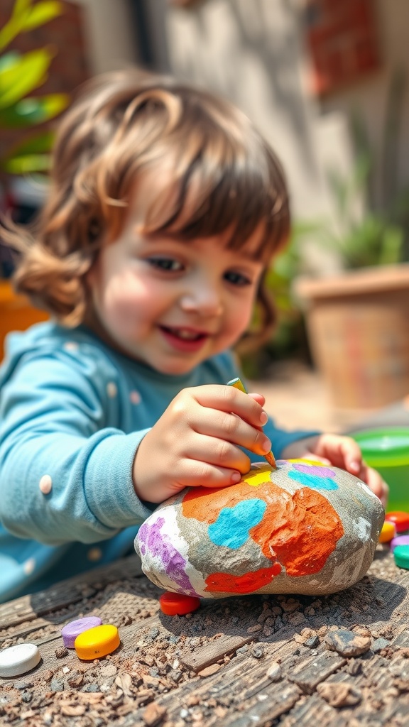 A child painting a colorful rock with various small stones around