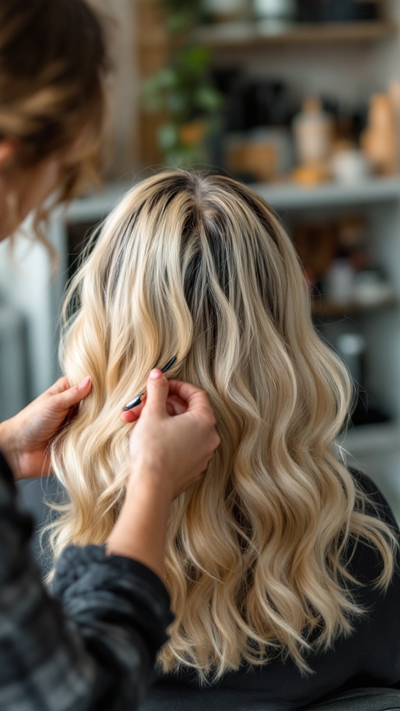 A stylist applying chunky blonde highlights to a client's hair.