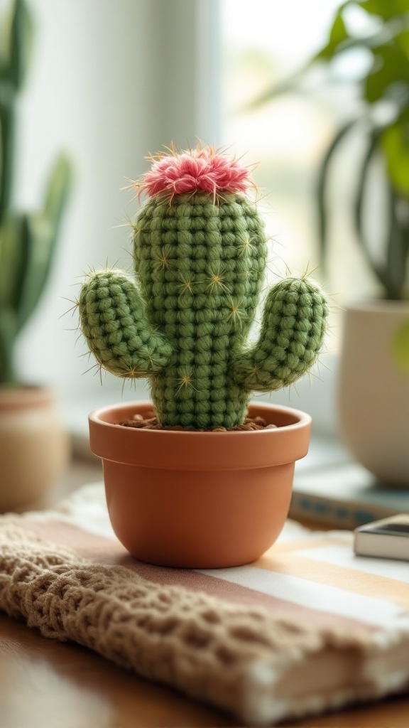 Crochet cactus in a terracotta pot with pink flower topping