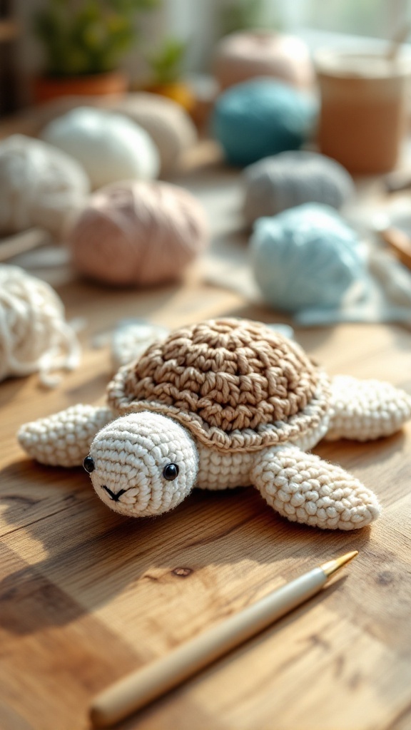 Crochet turtle on a wooden table with colorful yarn balls in the background