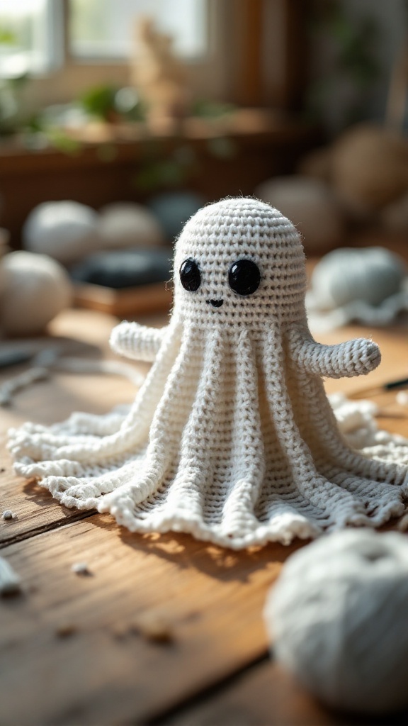 A cute crochet ghost with large eyes and flowing tentacles sitting on a wooden table.
