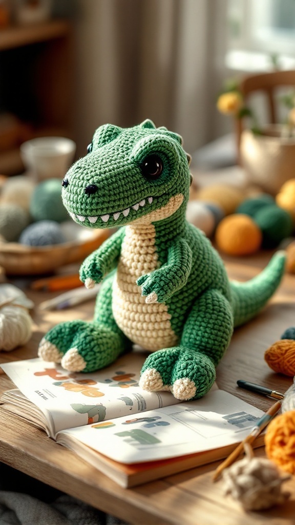 Crocheted T-Rex dinosaur sitting on a table with yarn and a crochet guidebook.