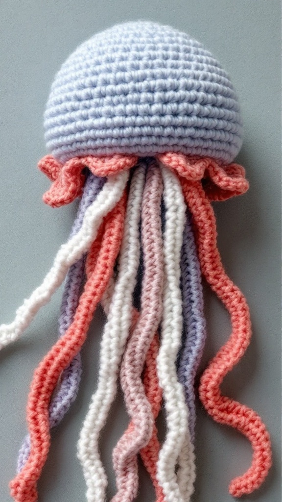 A crochet jellyfish with a rounded body and long tentacles, surrounded by yarn and crafting materials.