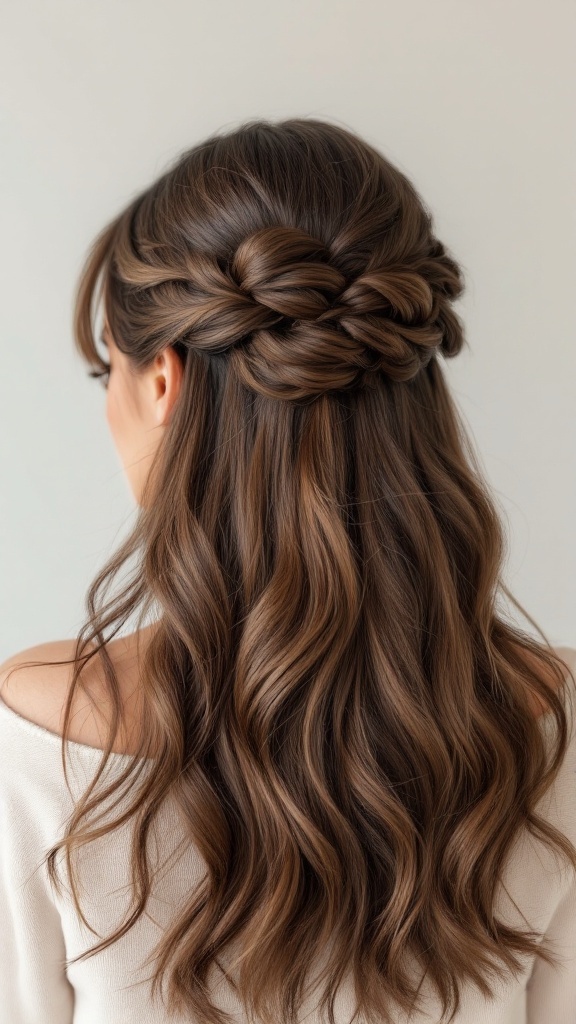 A beautiful half up half down hairstyle with bangs, featuring soft waves and an elegant twist or braid at the back.
