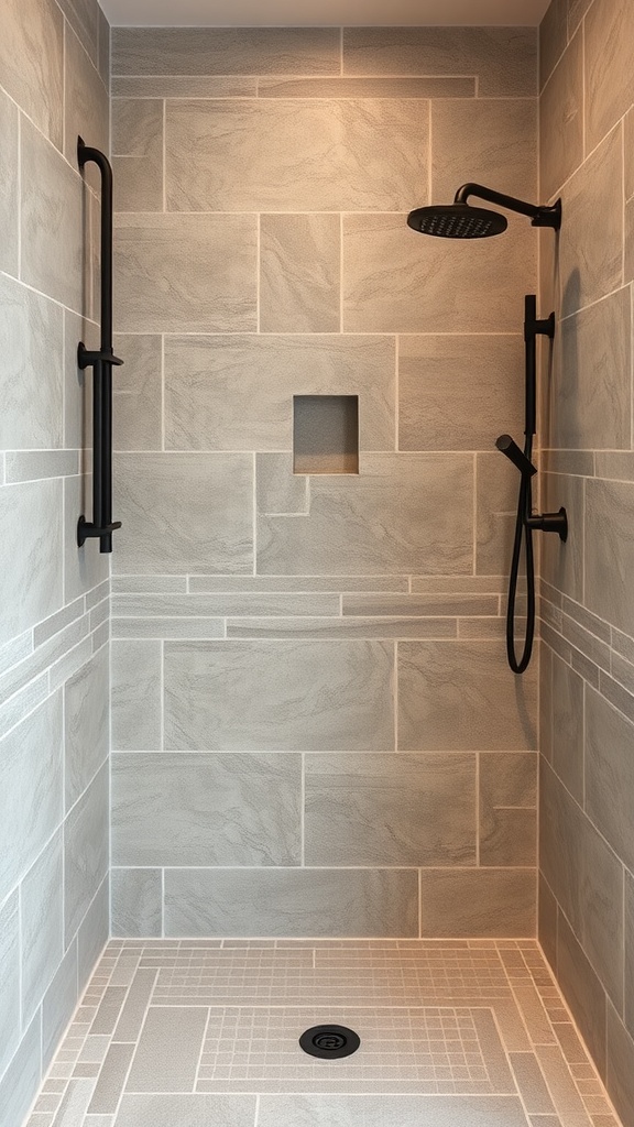 Stone shower with light-colored tiles and matching stone-colored grout