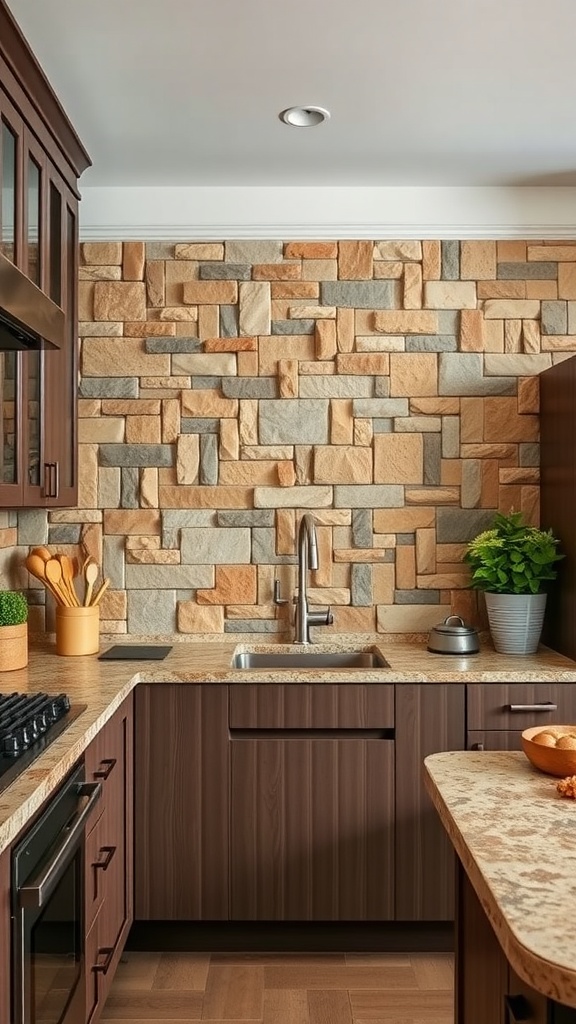 A kitchen featuring a stone accent wall with earthy tones, dark wood cabinetry, and a sleek countertop.