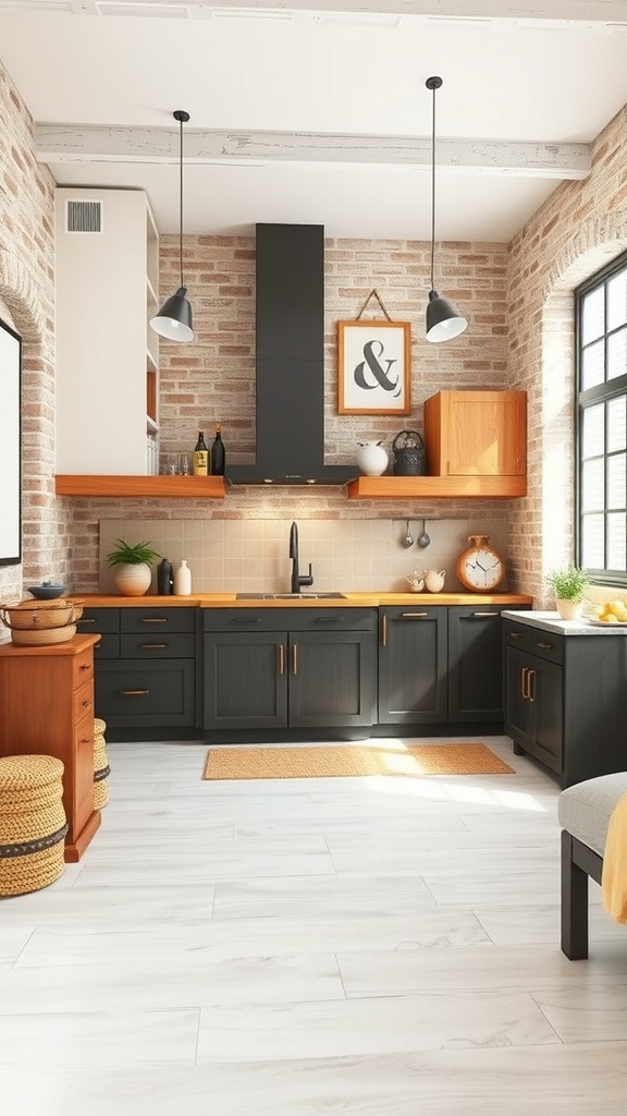 A modern kitchen featuring exposed brick walls, dark cabinets, and wooden accents.