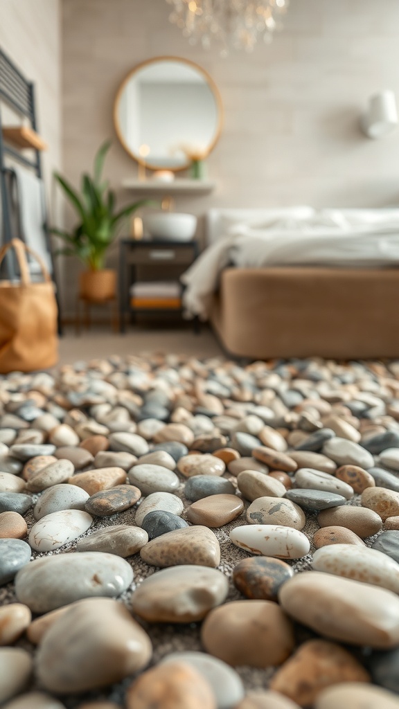 A bathroom floor covered with smooth pebbles, creating a natural and earthy atmosphere.