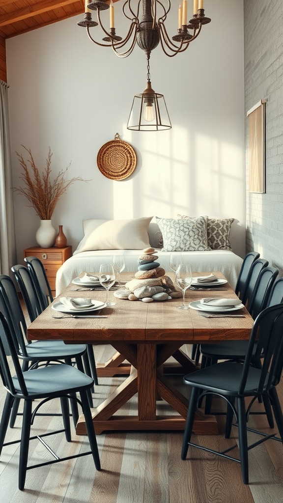 A rustic dining setup featuring a wooden table with a stone centerpiece, surrounded by black chairs.
