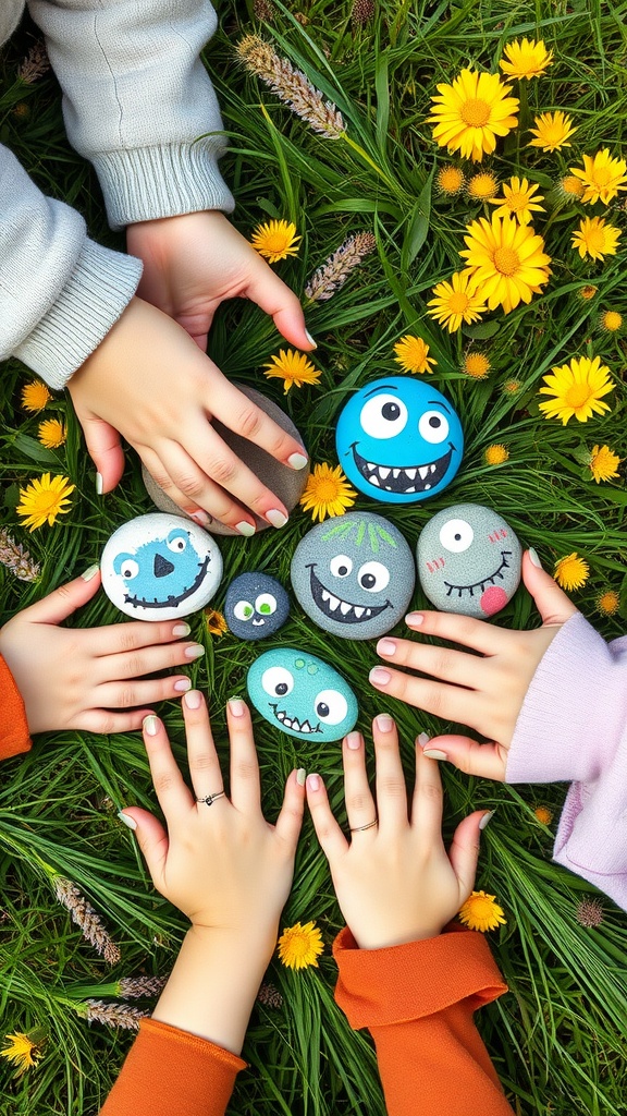 Kids' hands around colorful painted stones resembling monster faces, surrounded by green grass and yellow flowers.