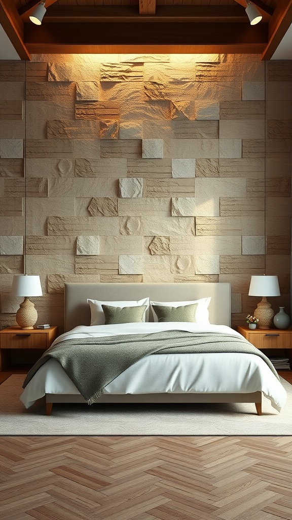 A cozy bedroom featuring a stone panel wall with warm lighting, a bed with soft pillows and a blanket, and wooden furniture.