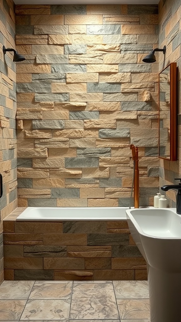 Modern rustic bathroom featuring stone tiles with a bathtub and sink