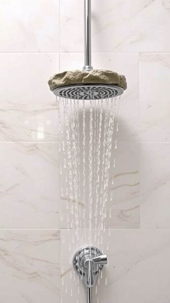 A stone waterfall shower with water cascading down from a rock-shaped showerhead.