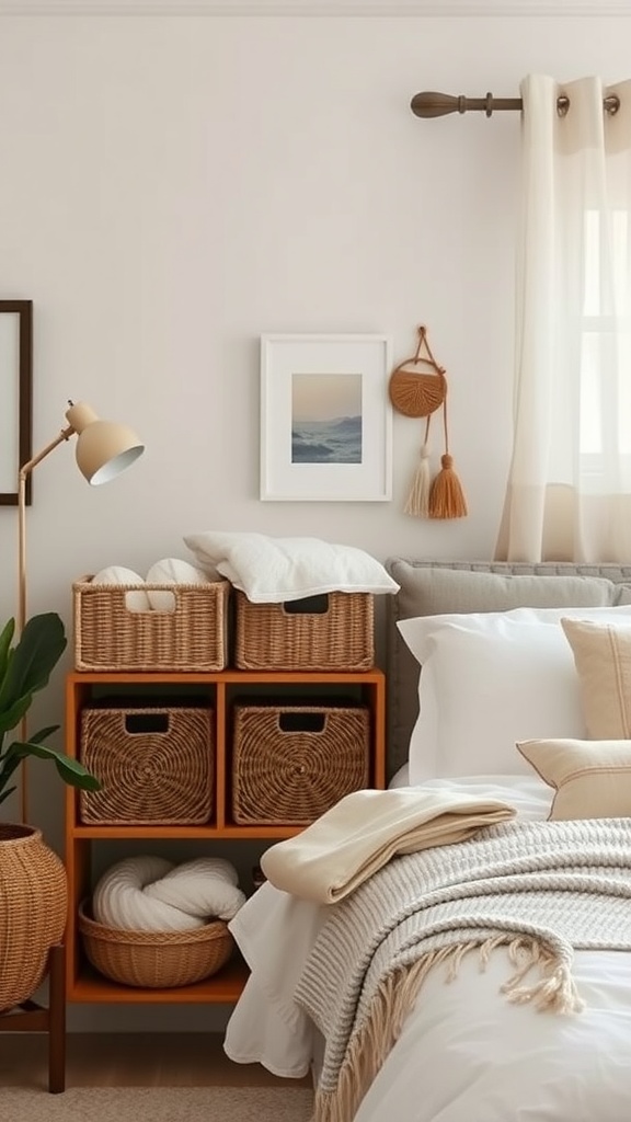A cozy bedroom with a shelf of woven storage baskets, blankets, and a lamp.