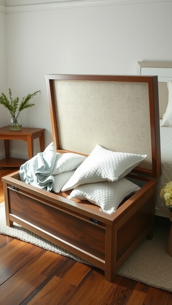 A wooden storage bench at the end of a bed filled with blankets and pillows.