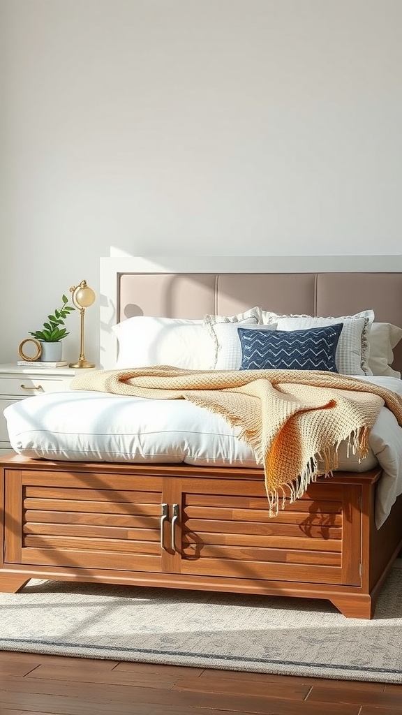 Wooden storage bench with cushions at the end of a bed