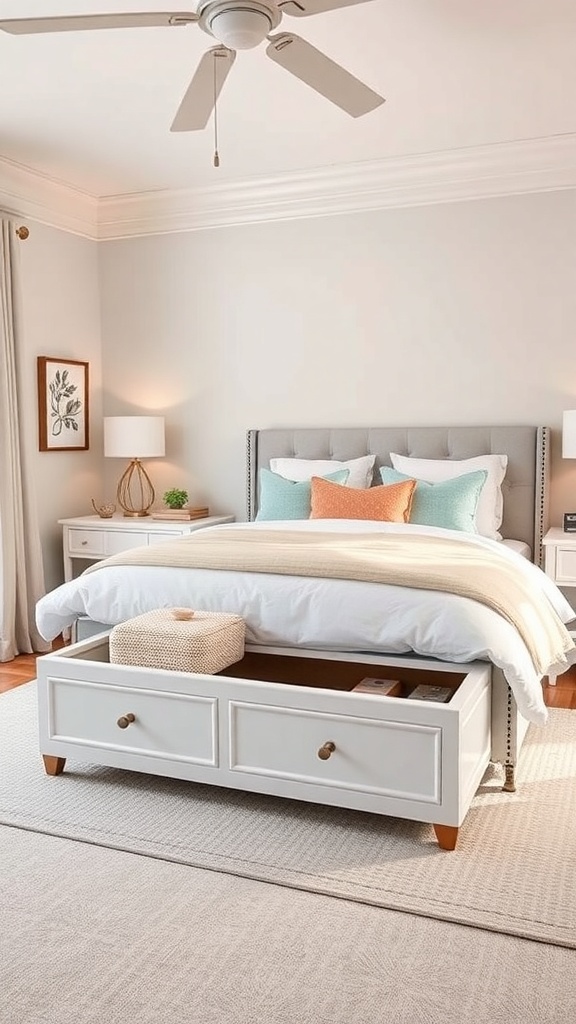 A stylish storage bench at the foot of a bed, featuring two drawers for organization.