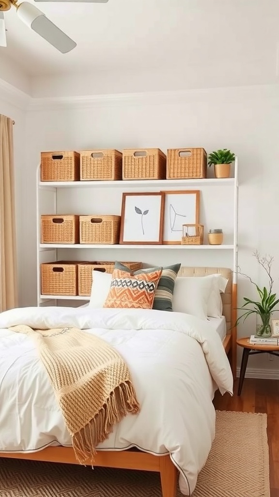 A cozy bedroom featuring a bed with a knitted throw, decorative pillows, and a shelf with woven storage baskets.