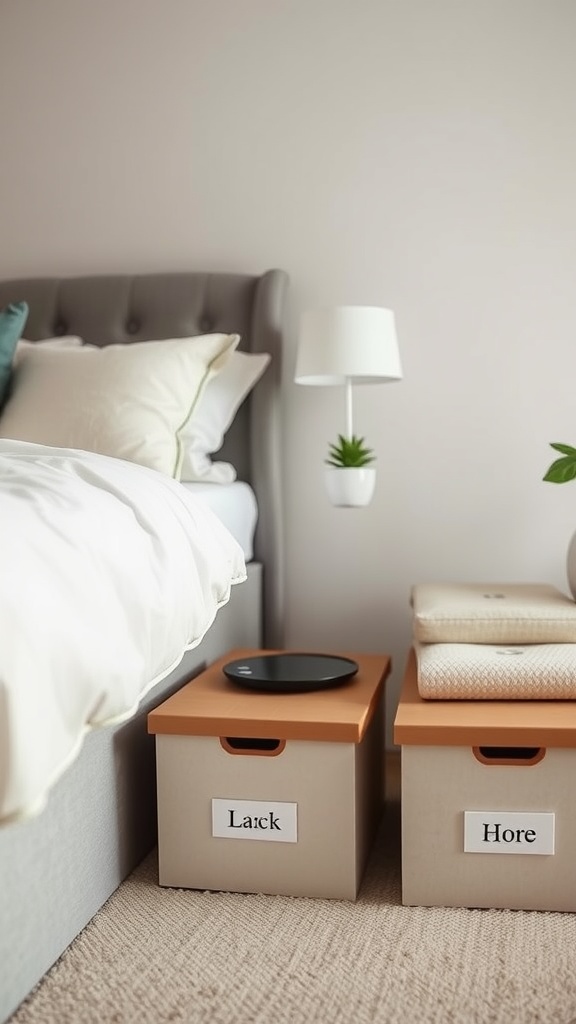 Two labeled storage boxes with lids placed under a bed for organization