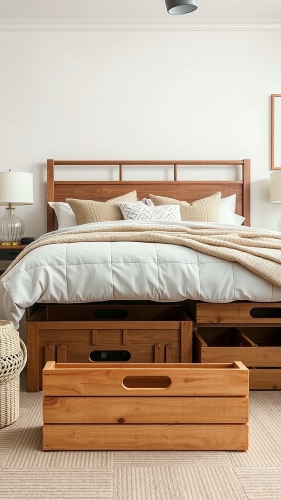 Wooden storage crates under a bed in a cozy bedroom setting