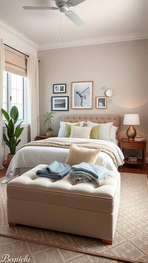 A cozy bedroom with a storage ottoman at the foot of the bed, featuring soft blankets on top.