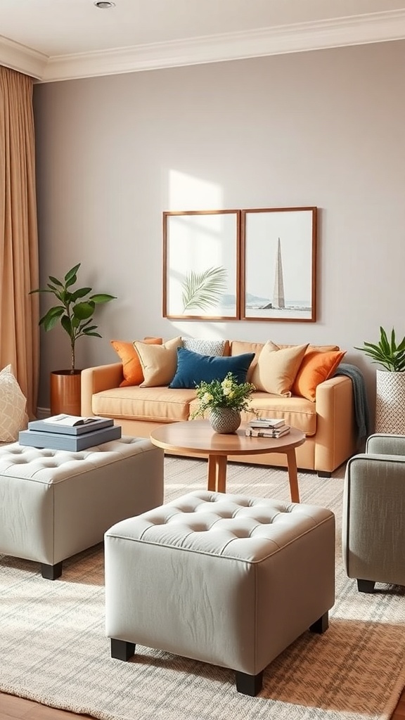 A cozy living room featuring light-colored storage ottomans, a warm sofa with colorful cushions, and a stylish coffee table.