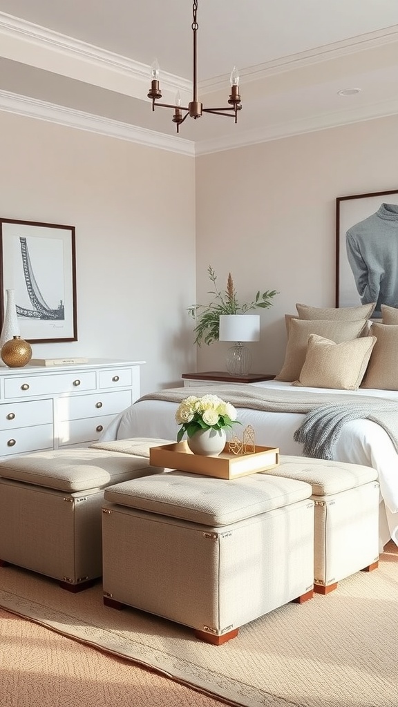 A cozy bedroom with three plush storage ottomans, a decorative tray on top, and a warm color scheme.