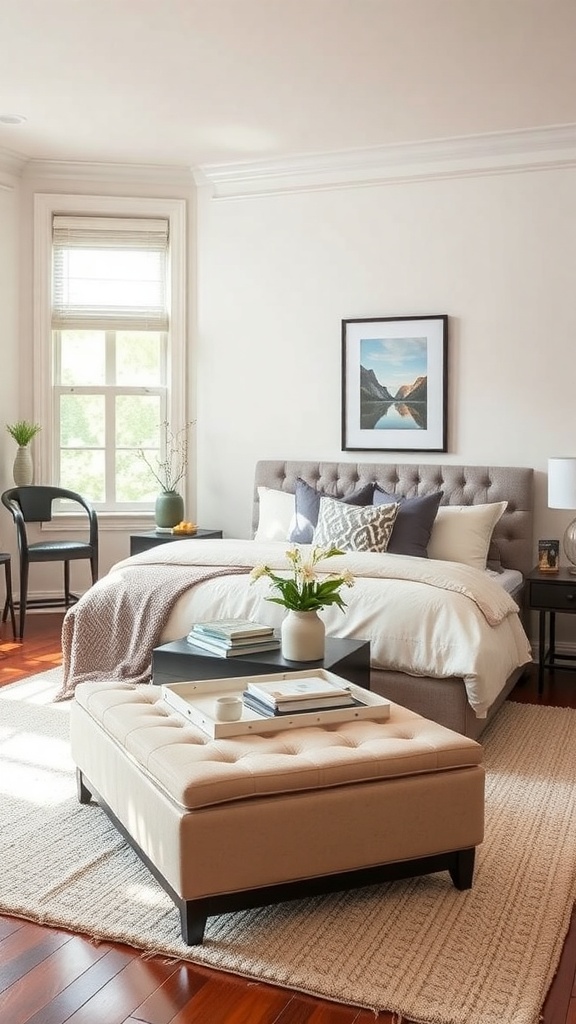 A cozy bedroom featuring a storage ottoman at the foot of the bed, with a small coffee table on top.