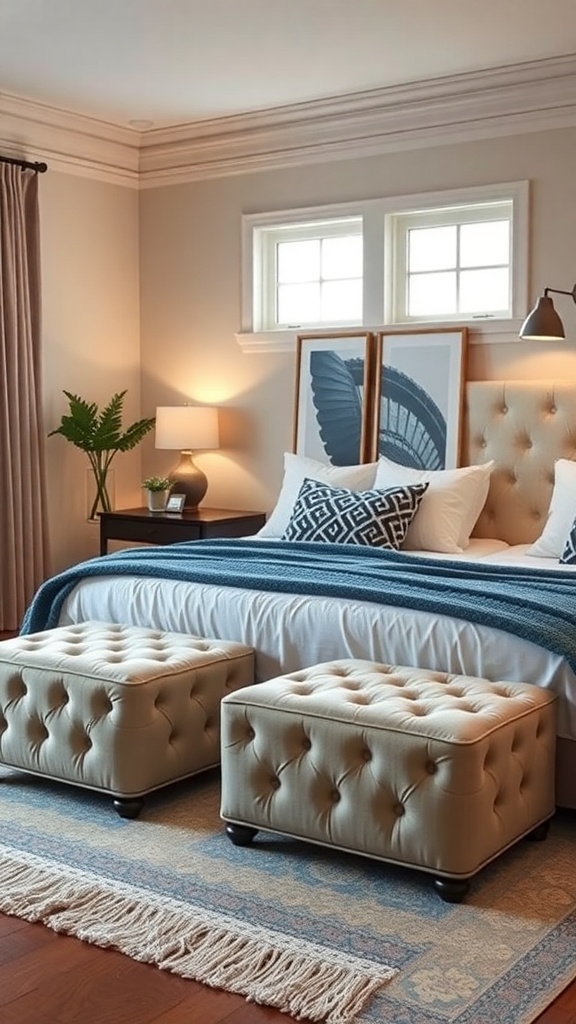 Two tufted storage ottomans at the foot of a bed in a stylish bedroom.