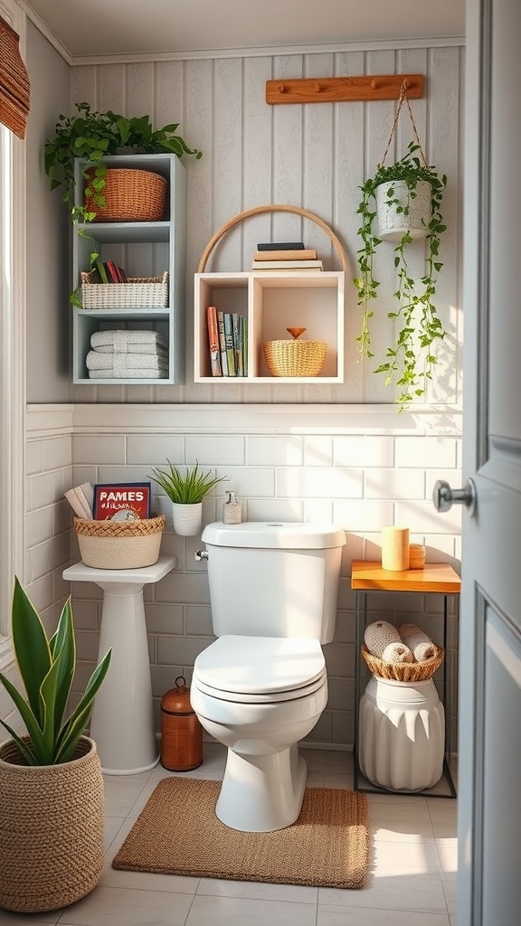 A toddler-friendly bathroom with organized storage for books and toys, featuring shelves, baskets, and plants.