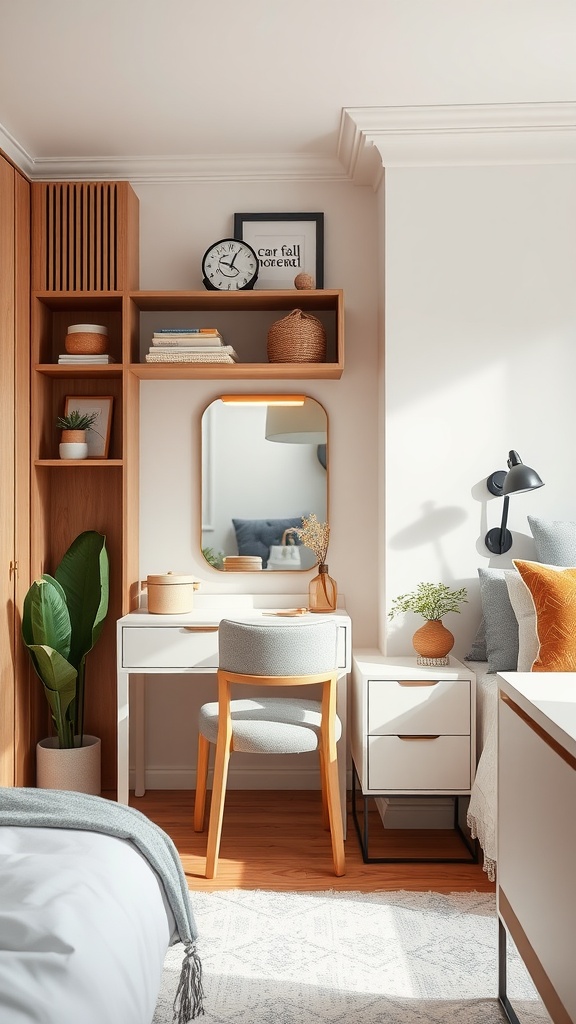 A stylish bedroom with a vanity and desk combo, featuring organized storage solutions and decorative elements.