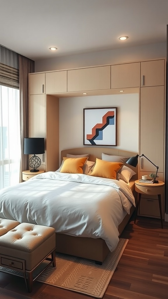 Cozy small bedroom with built-in storage, side tables, and an ottoman