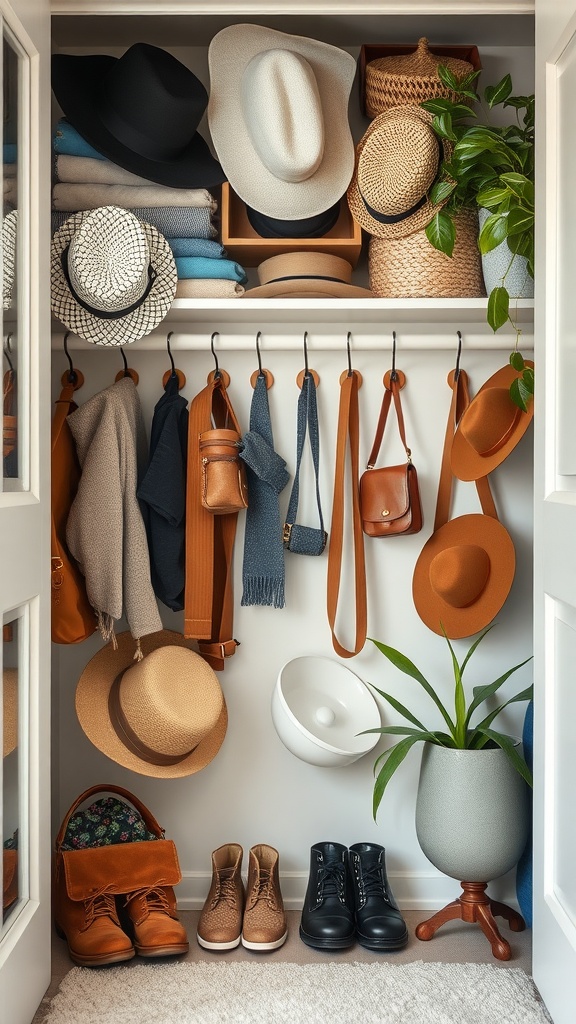 A colorful kids closet featuring neatly stored hats, bags, and shoes, showcasing playful organization.