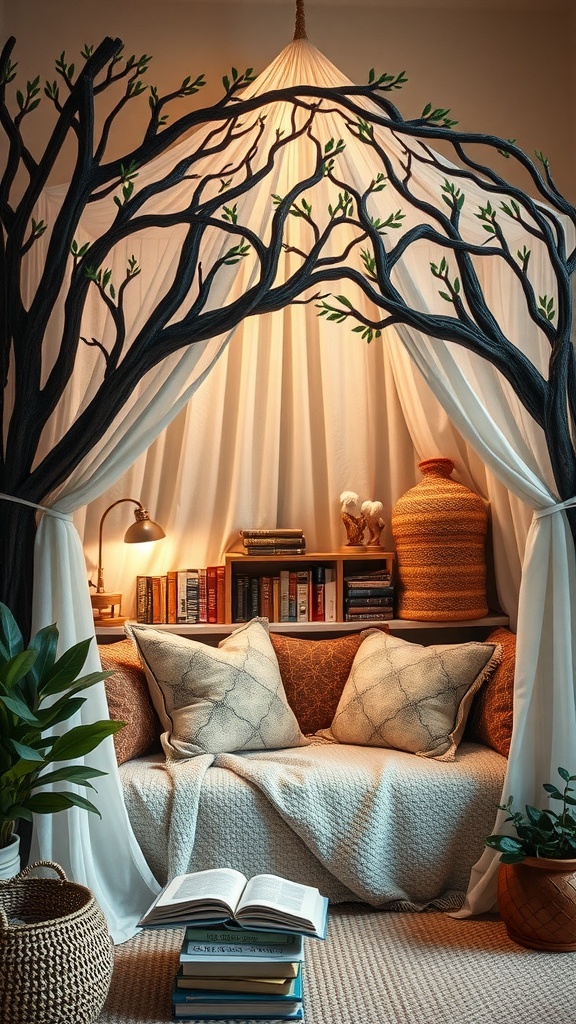 Cozy Story Corner with a canopy, couch, and books in a jungle-themed nursery