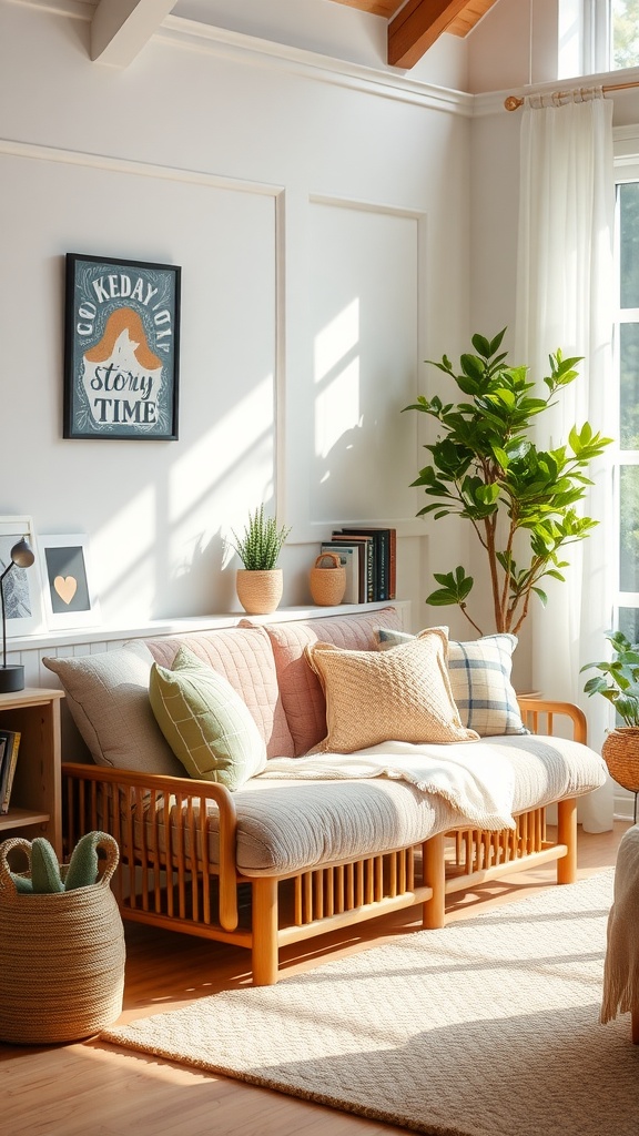 Cozy reading corner in a living room with a couch, cushions, and plants.