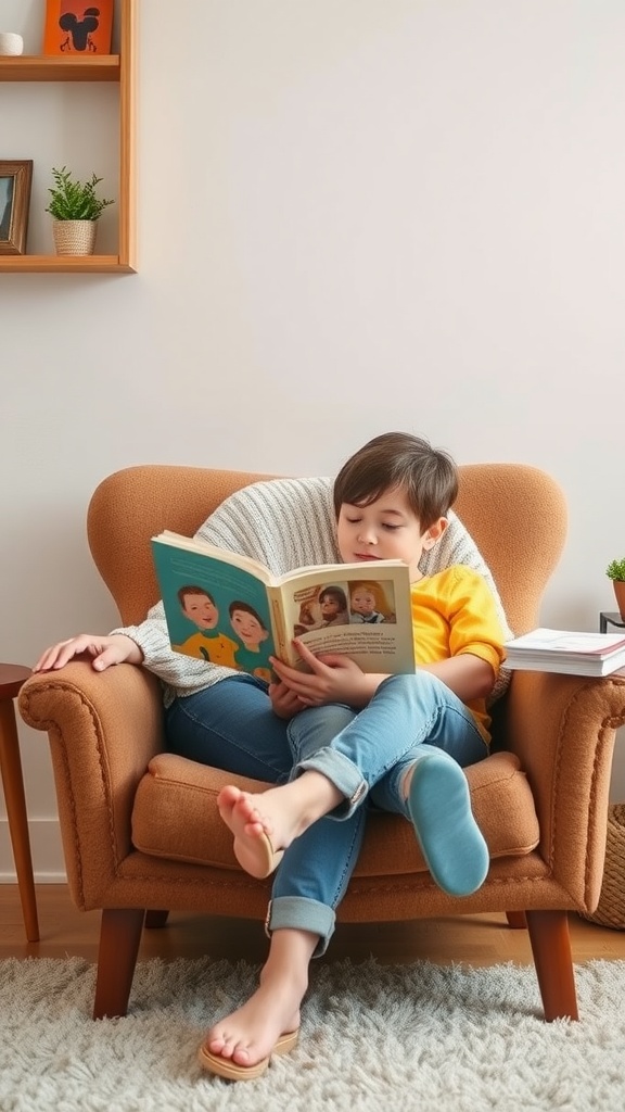 A young boy reading a storybook while sitting comfortably in a chair.