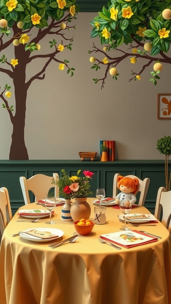 A beautifully set table with storybook-themed decorations, including flowers and a soft toy.